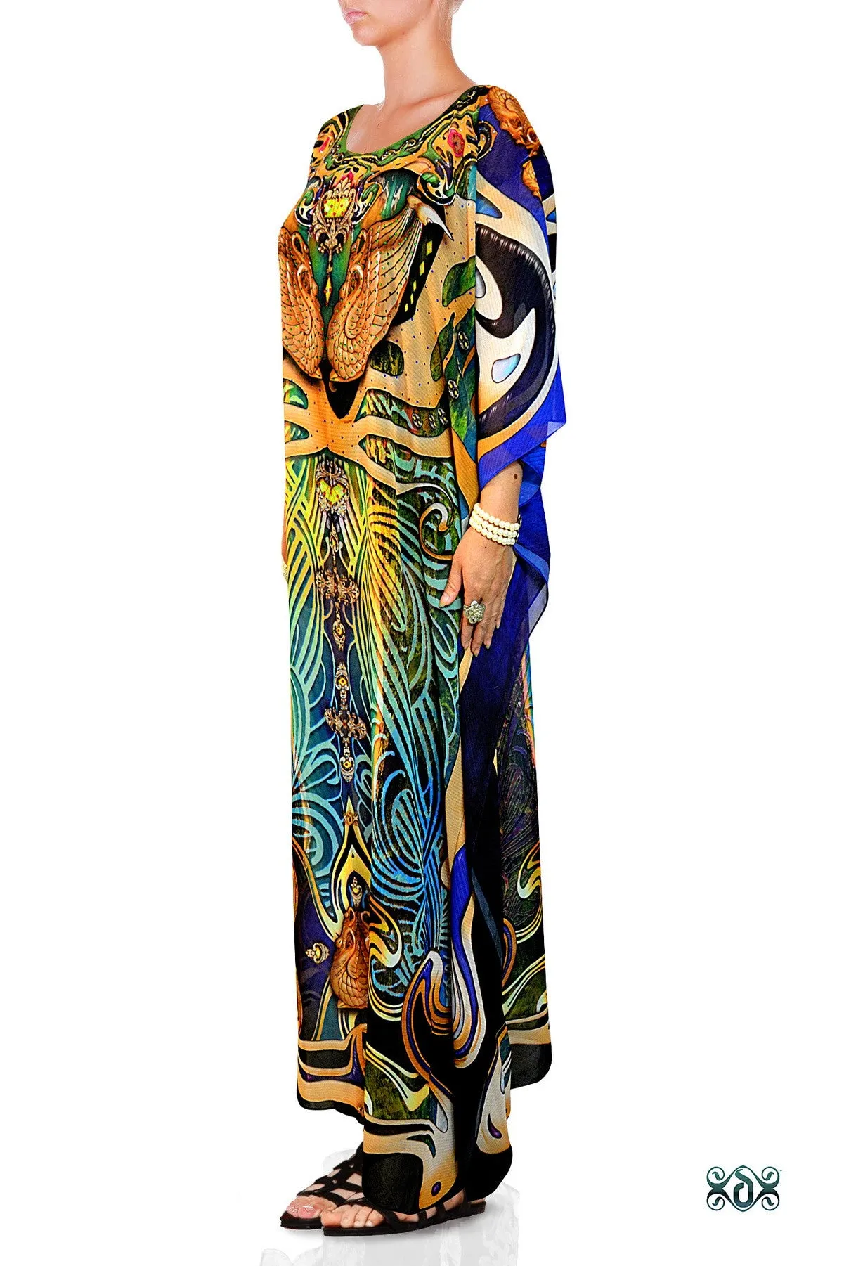 ART NOUVEAU Blue Rhythmic Curves Devarshy Long Georgette Kaftan - 1118A