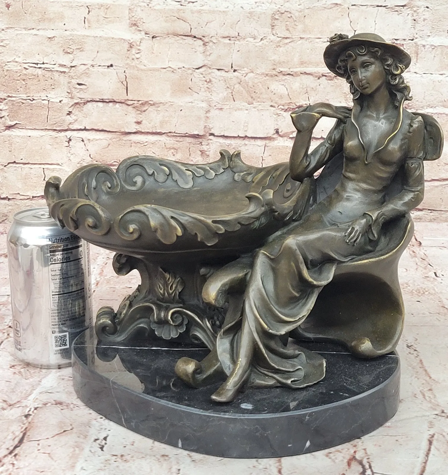 Art Nouveau Bronze Tray Decorative Business Card Holder with Woman Sculpture Hand Made