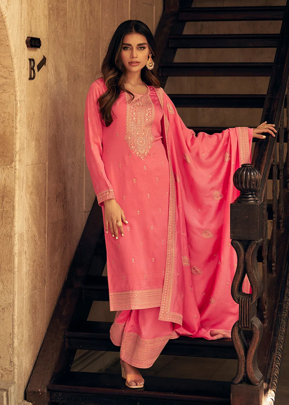 Art Silk Stunning Peach Embroidered Festive Palazzo Suit