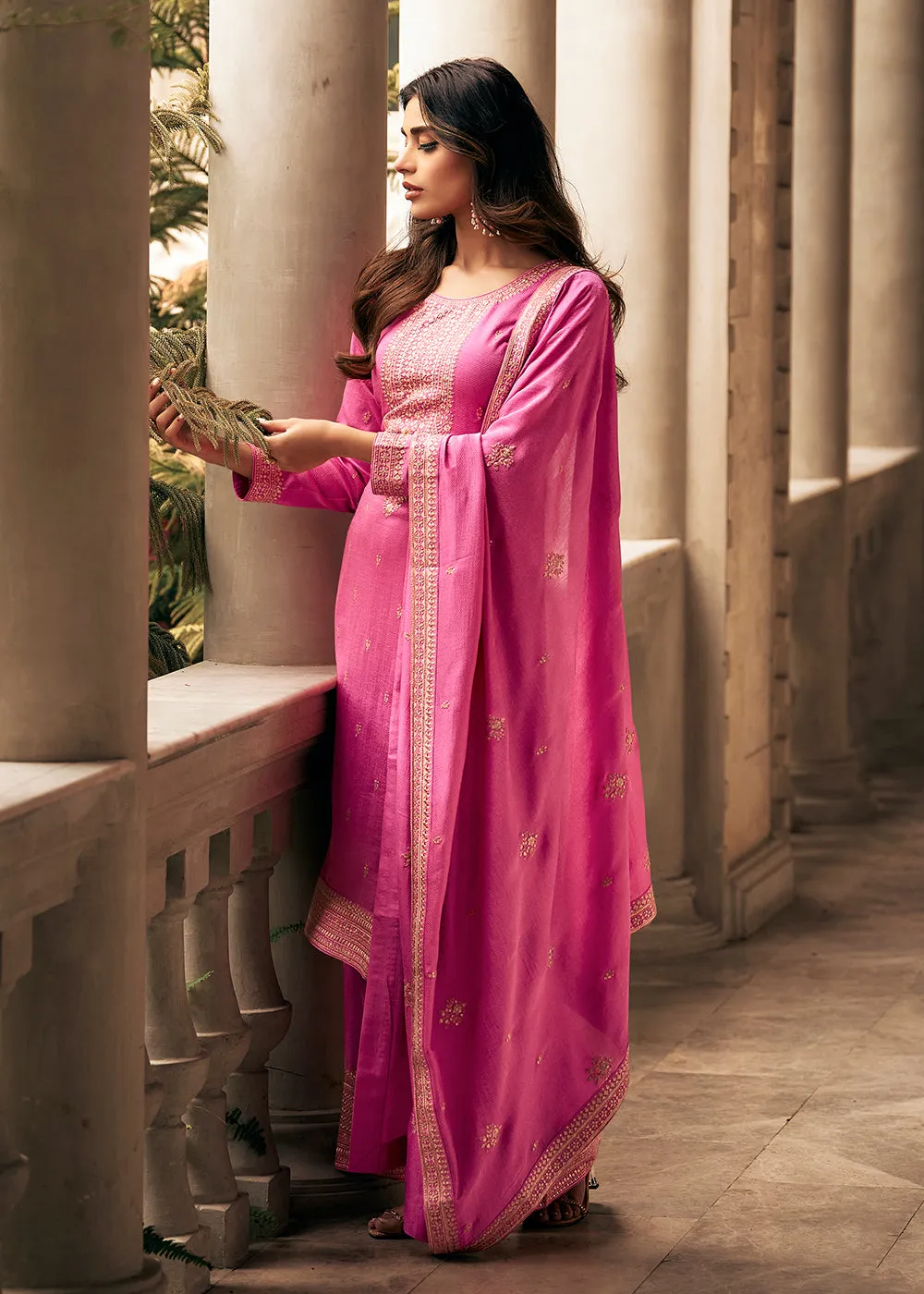 Art Silk Stunning Pink Embroidered Festive Palazzo Suit