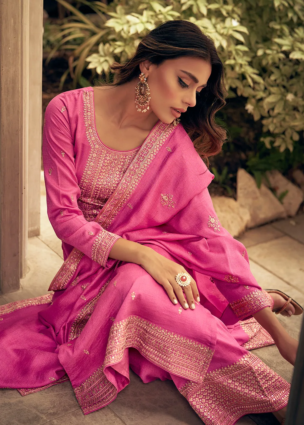 Art Silk Stunning Pink Embroidered Festive Palazzo Suit