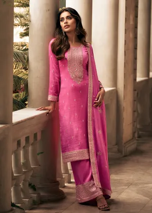 Art Silk Stunning Pink Embroidered Festive Palazzo Suit