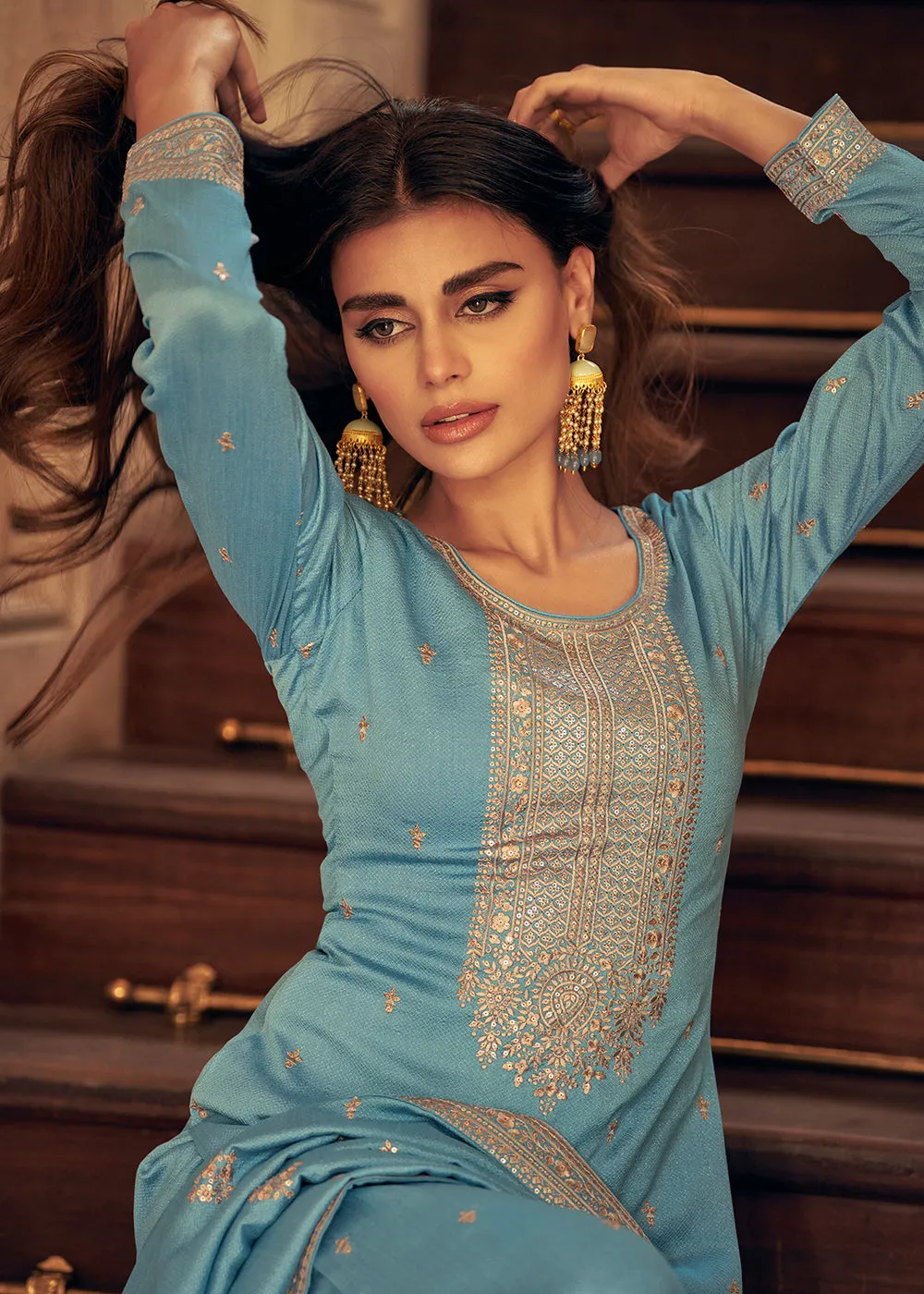 Art Silk Stunning Sky Blue Embroidered Festive Palazzo Suit