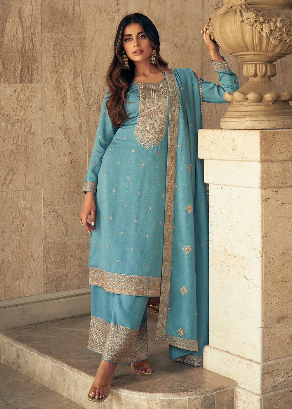 Art Silk Stunning Sky Blue Embroidered Festive Palazzo Suit