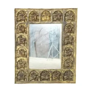 Art'eque - Antique Teakwood Frame with Brass Motif - Culturally Inspired Mirror Frame, Contemporary Ethnic Design, Multicolor, L 104 x W 8 x H 127 cm