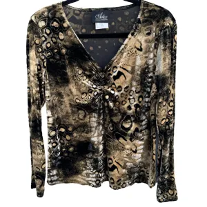 Artex Collection Women's Velour V Neck Animal Print Long Sleeve Blouse Top - Med