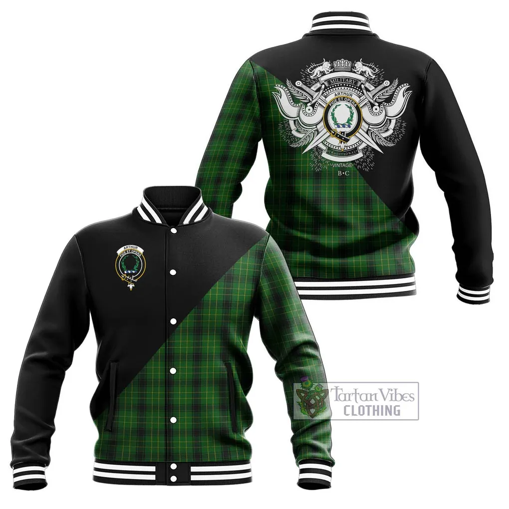 Arthur Highland Tartan Baseball Jacket with Family Crest and Military Logo Style