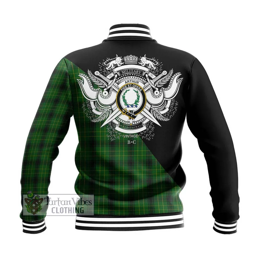 Arthur Highland Tartan Baseball Jacket with Family Crest and Military Logo Style