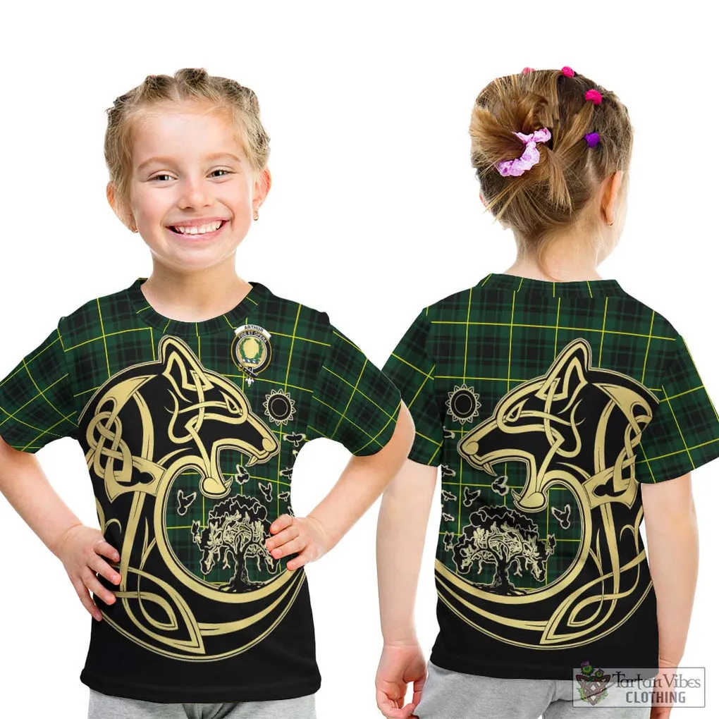 Arthur Modern Tartan Kid T-Shirt with Family Crest Celtic Wolf Style