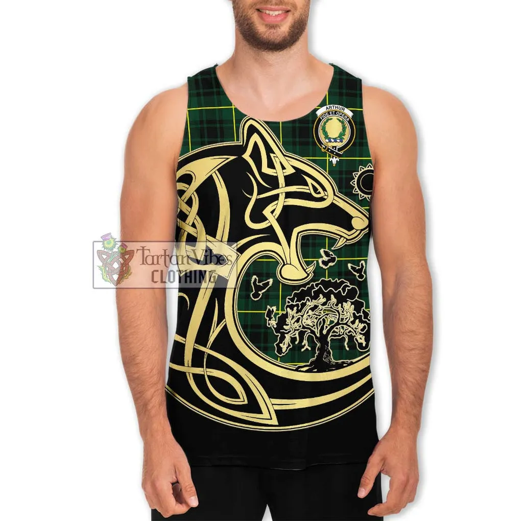 Arthur Modern Tartan Men's Tank Top with Family Crest Celtic Wolf Style