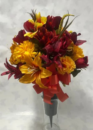 Artificial Cemetery Vase -Golden Yellow, Burgundy and Burnt Orange