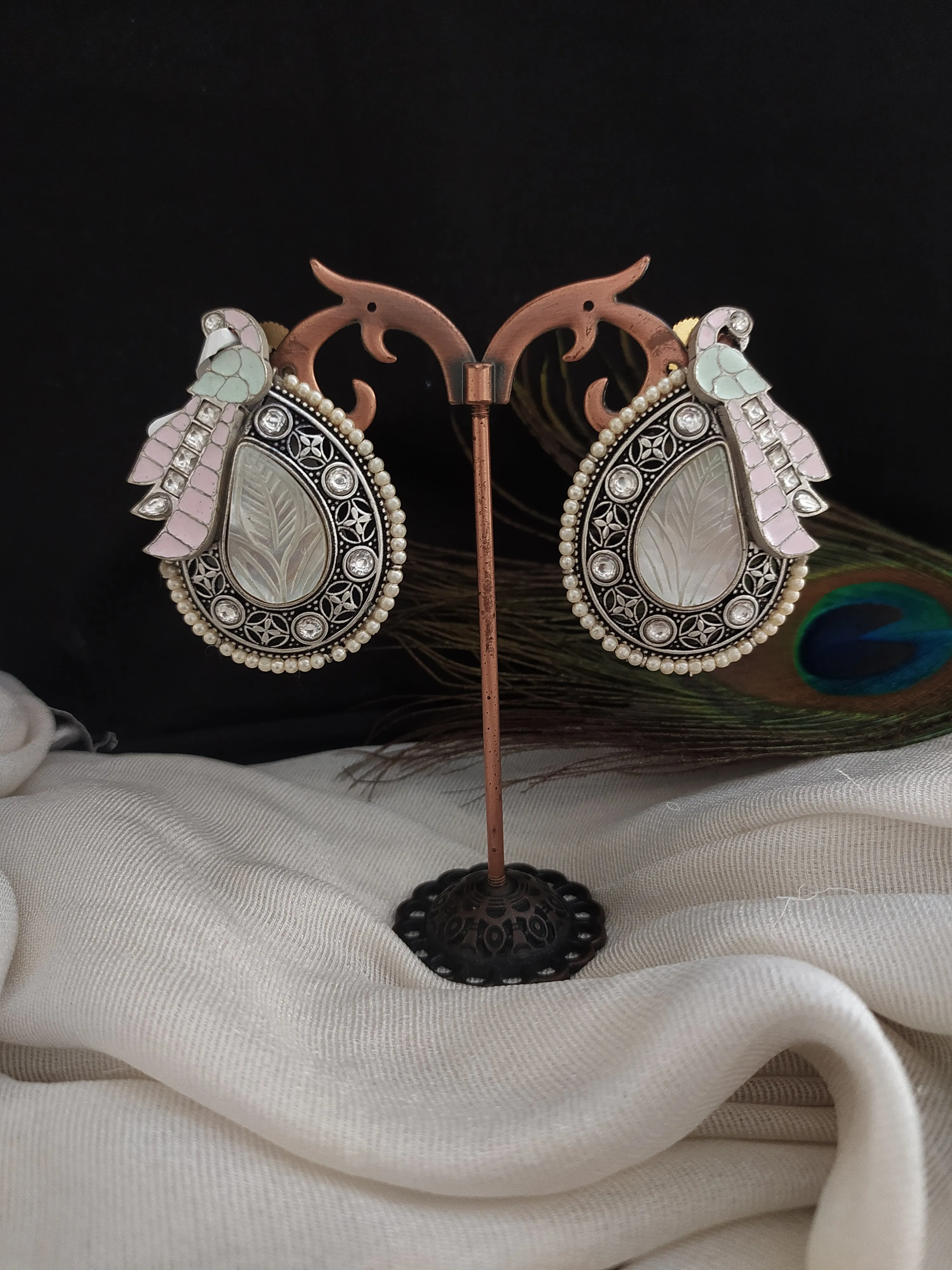 Artisan-Crafted Oxidized Peacock Stud Earrings with Quartz Stones