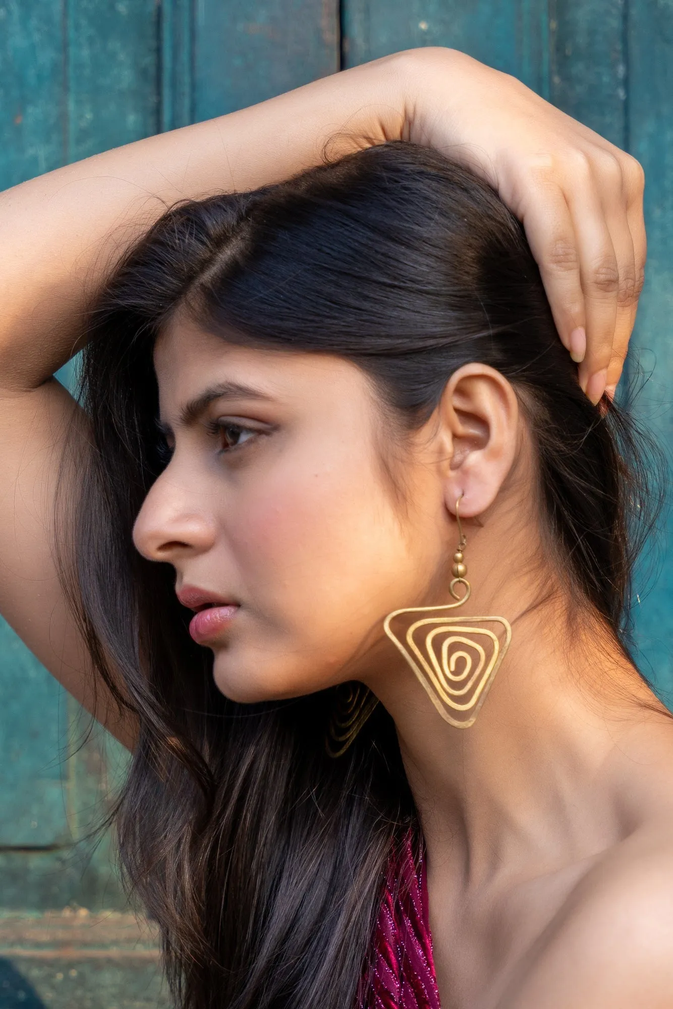 Artisanal Handcrafted Dokra Brass Triangular Spiral Earrings with Intricate Design and Craftsmanship