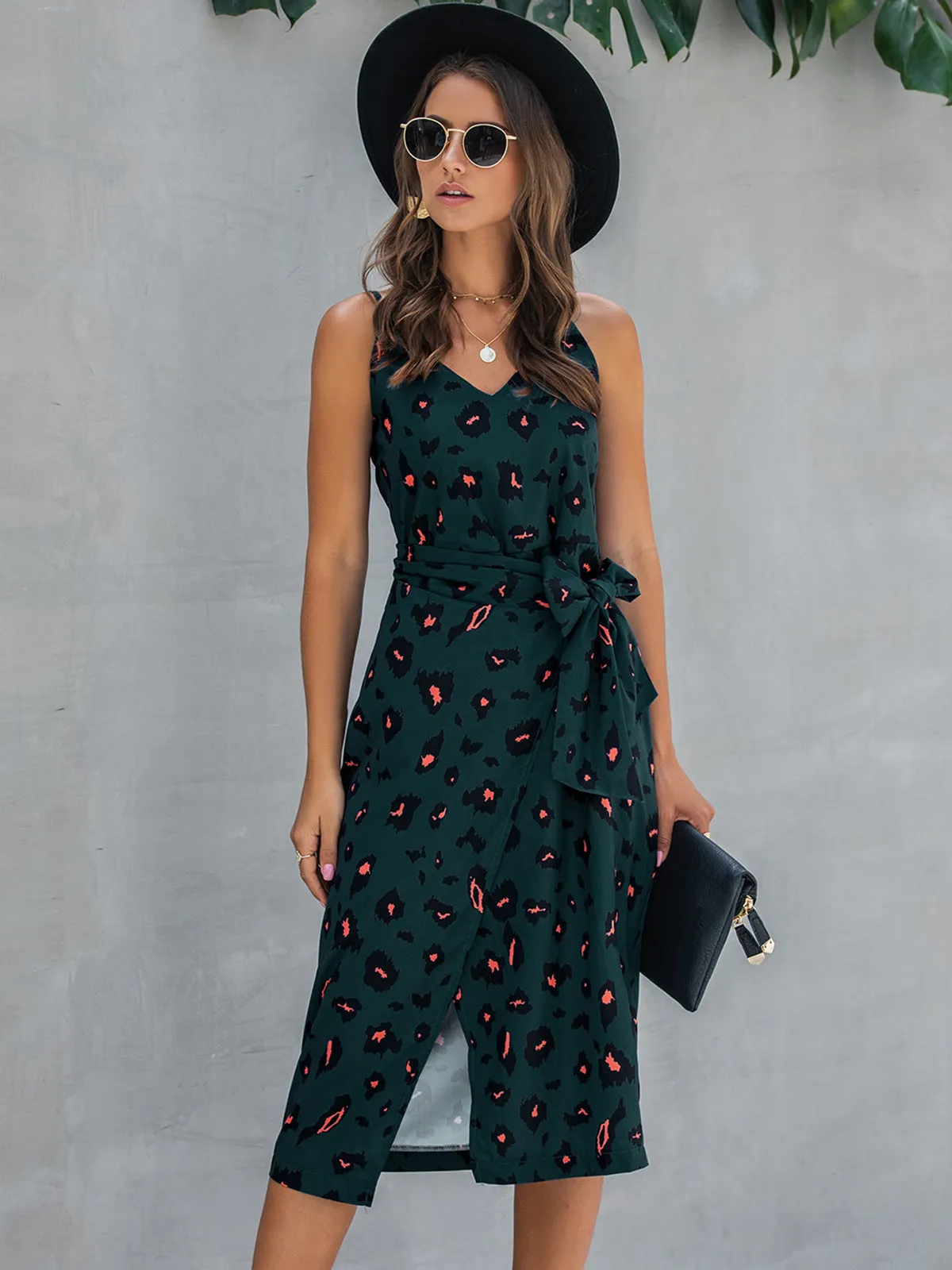 Artistic Printed Tie-Waist Spaghetti Strap Dress