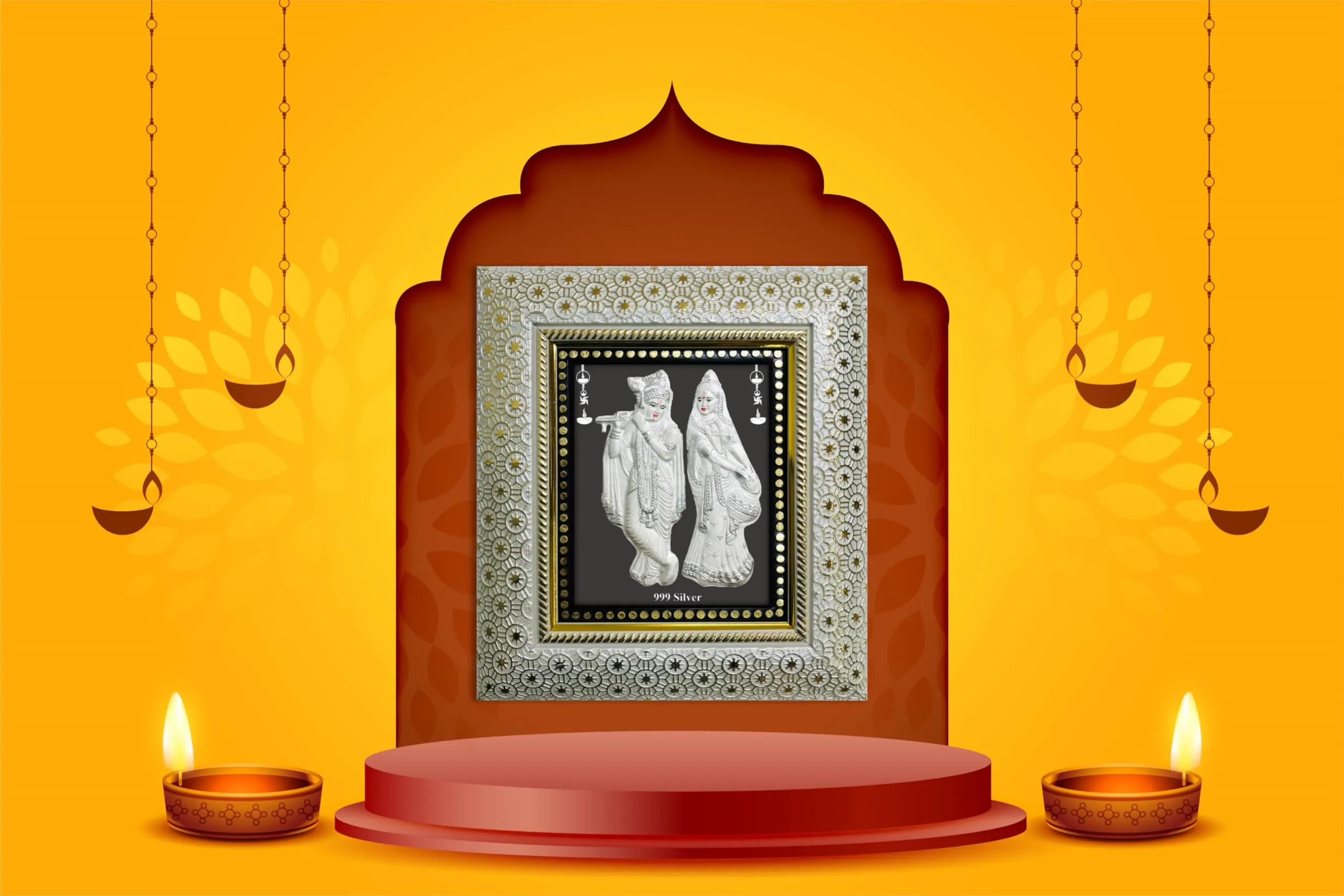 ARTSMINE 999 Pure Silver Radha Krishna Frame | Purity Certificate | Size H*L - 22*20 CM | For Pooja Room, Wedding & Corporate Gift | Handmade Frame