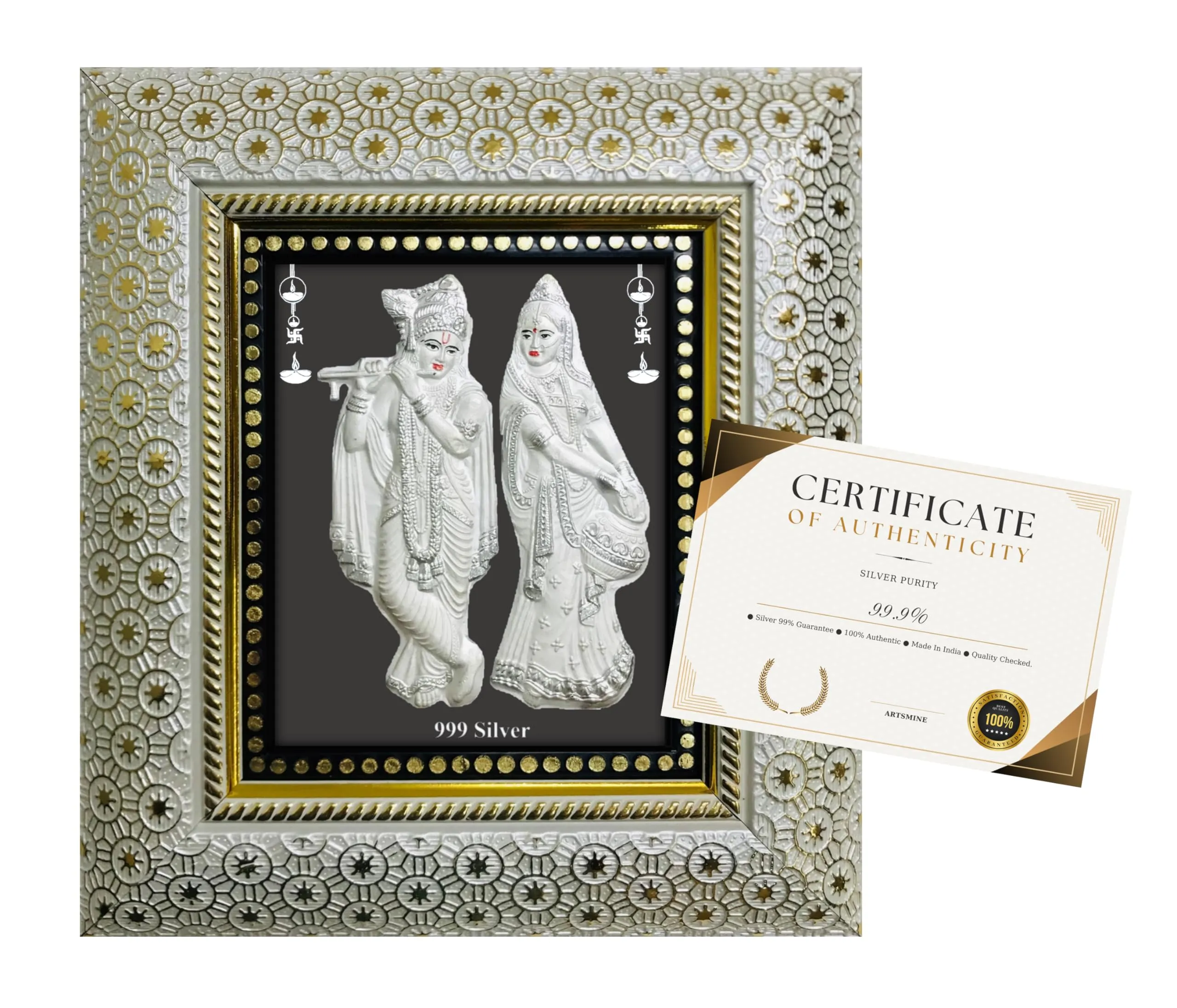 ARTSMINE 999 Pure Silver Radha Krishna Frame | Purity Certificate | Size H*L - 22*20 CM | For Pooja Room, Wedding & Corporate Gift | Handmade Frame