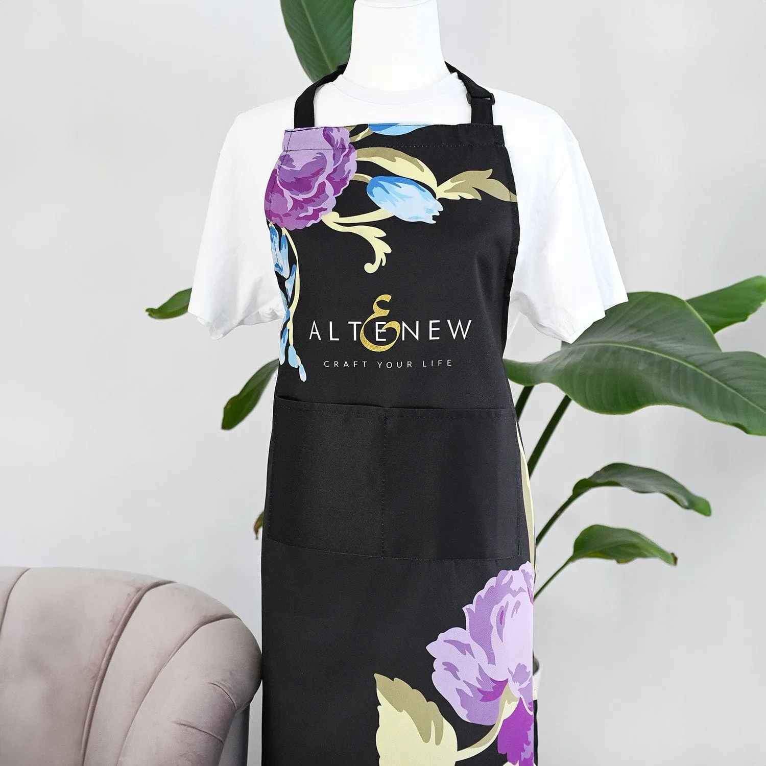 Artsy Apron: Blue & Purple Ornamental Bouquet - Black