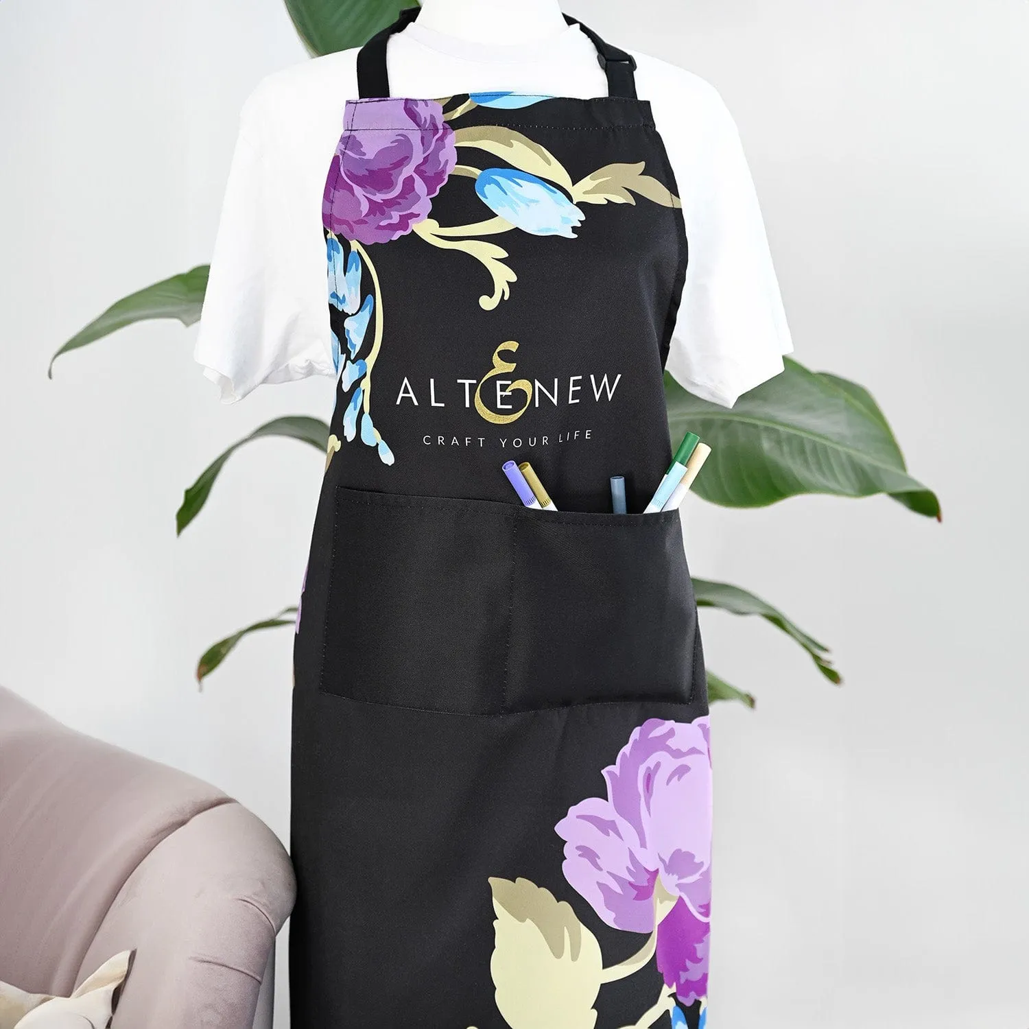 Artsy Apron: Blue & Purple Ornamental Bouquet - Black