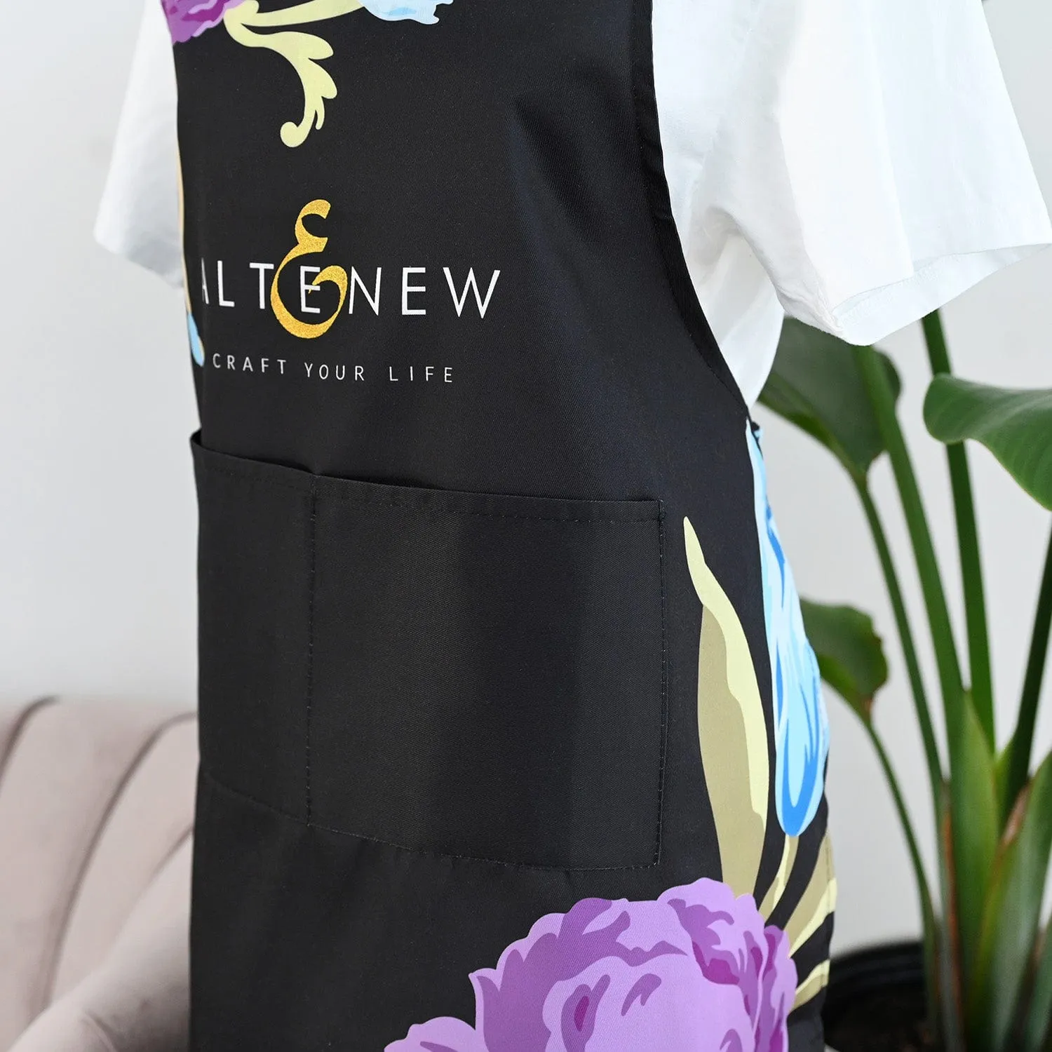 Artsy Apron: Blue & Purple Ornamental Bouquet - Black