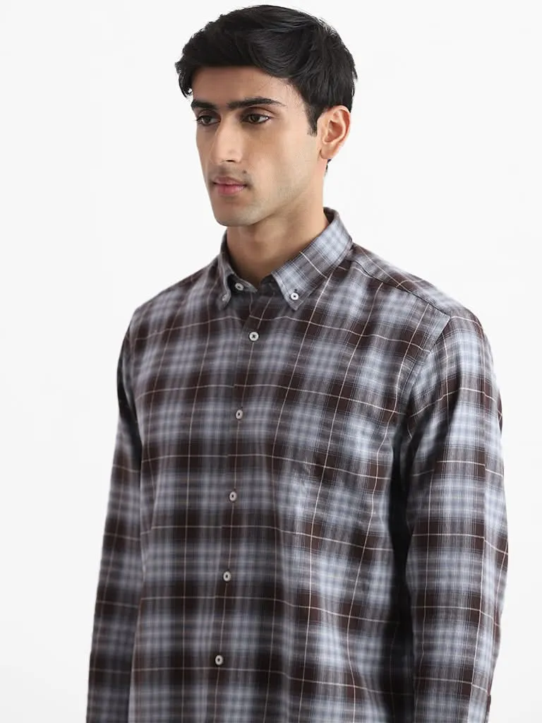 Ascot Ash Blue & Brown Printed Checkered Cotton Relaxed-Fit Shirt