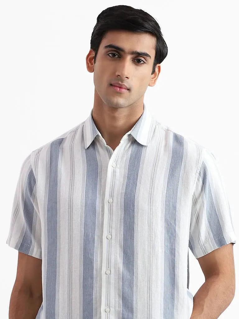 Ascot Block Striped Off White Relaxed-Fit Blended Linen Shirt