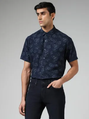 Ascot Navy Printed Slim-Fit Blended Linen Shirt