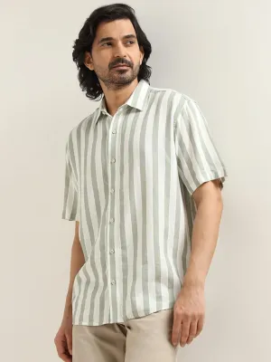 Ascot Sage Striped Relaxed Fit Blended Linen Shirt