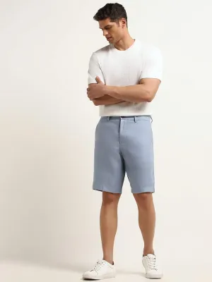 Ascot Solid Blue Mid Rise Relaxed Fit Linen Shorts