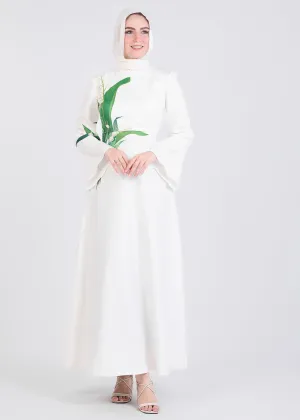 Aseel Lily-Inspired Flared Sleeve Maxi Dress in Ivory Crepe