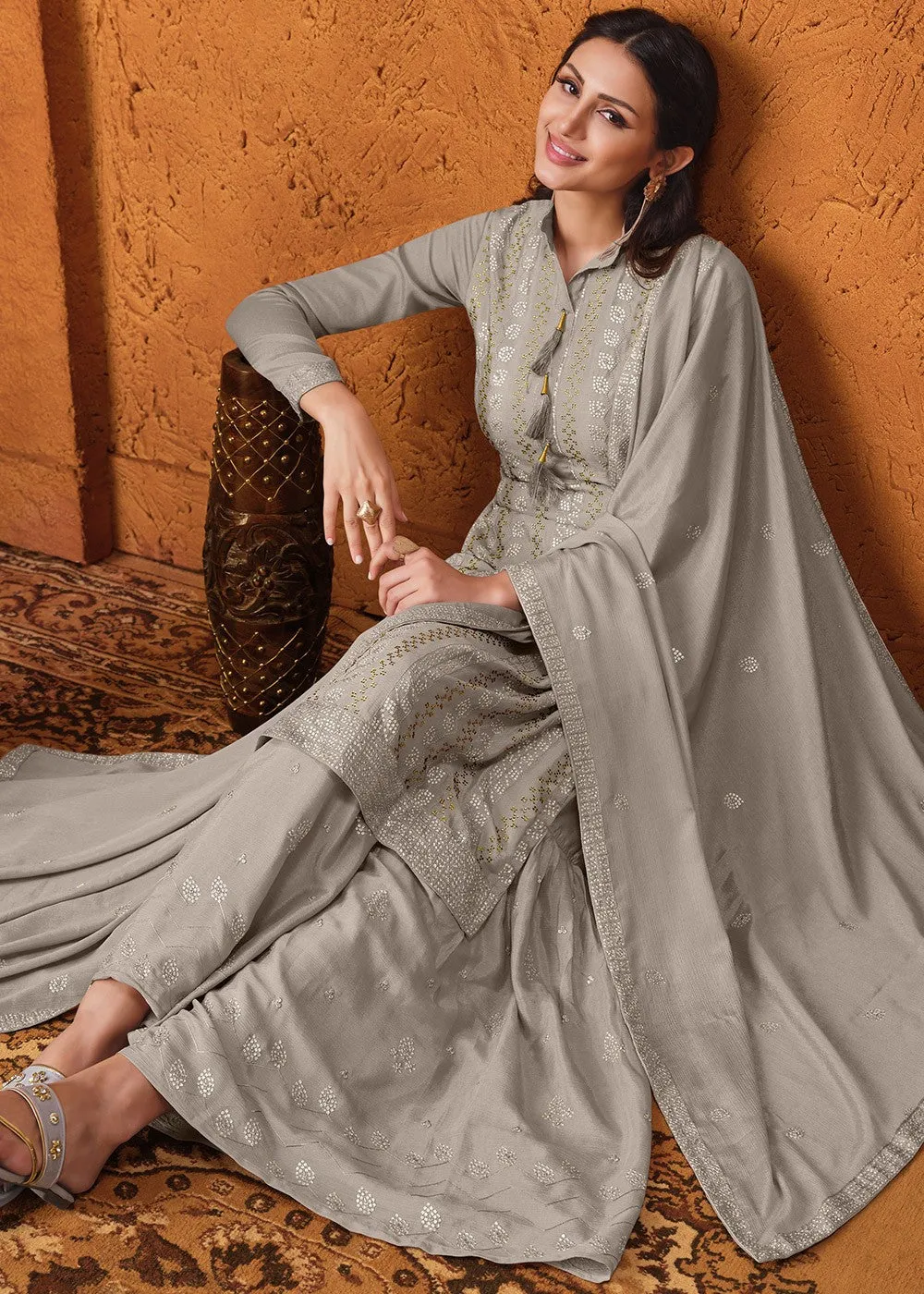 Ash Grey Chiffon Embroidered Sharara Suit