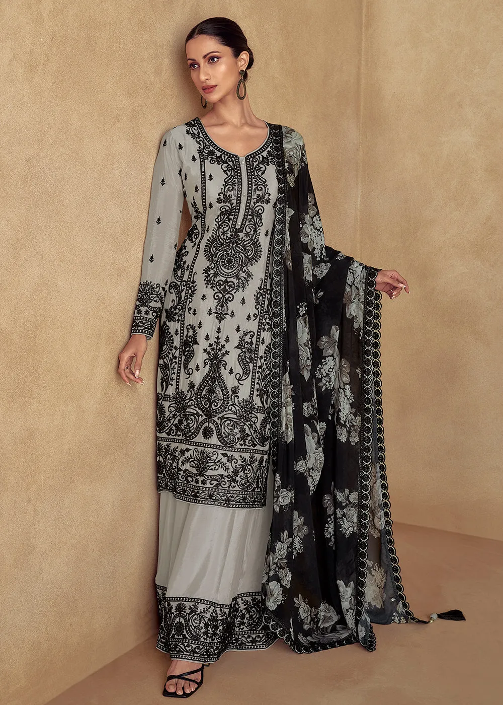 Ash Grey Embroidered Lucknowi Style Palazzo Suit