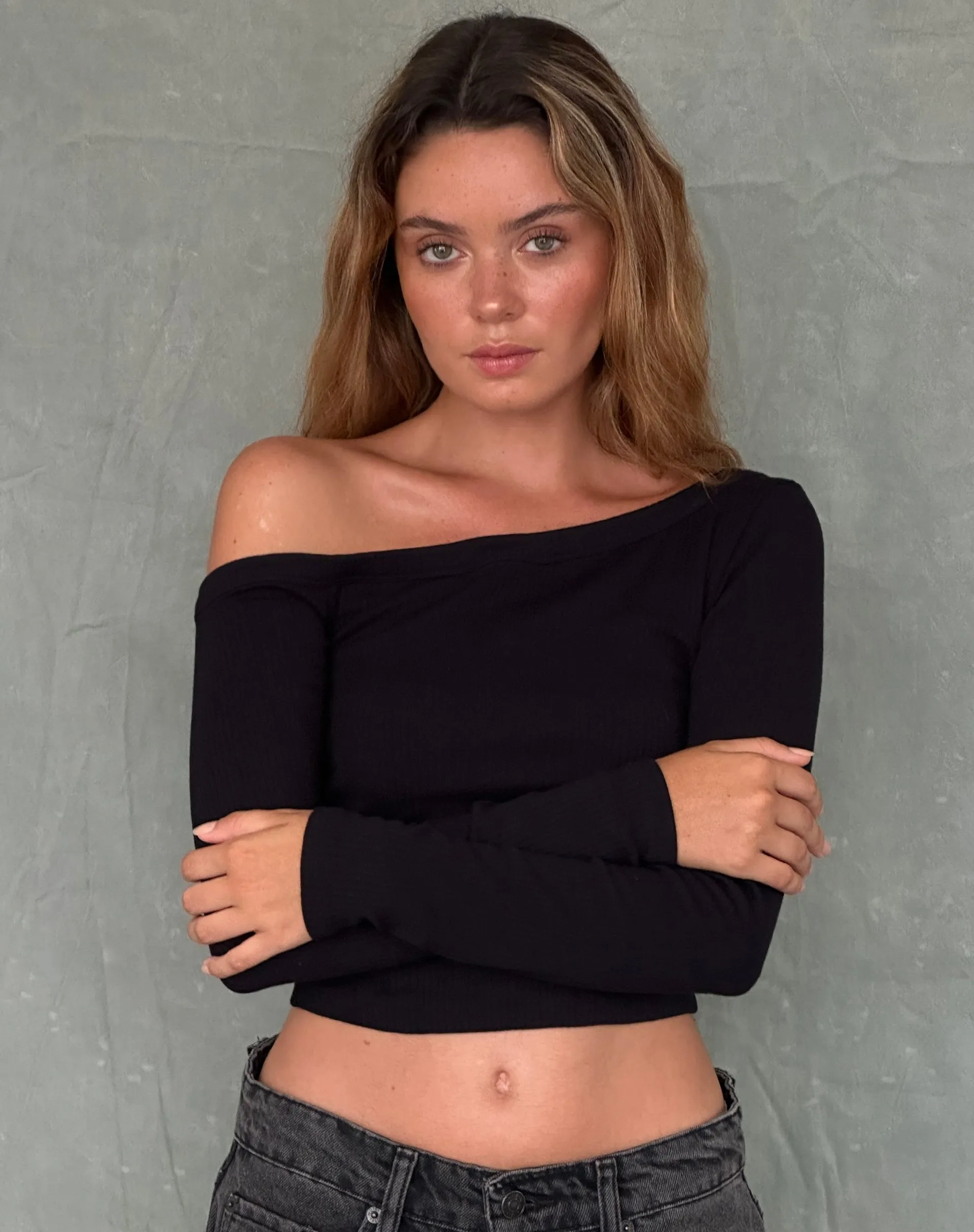 Ashia Asymmetric Long Sleeve Top in Black Super Soft Thick Rib