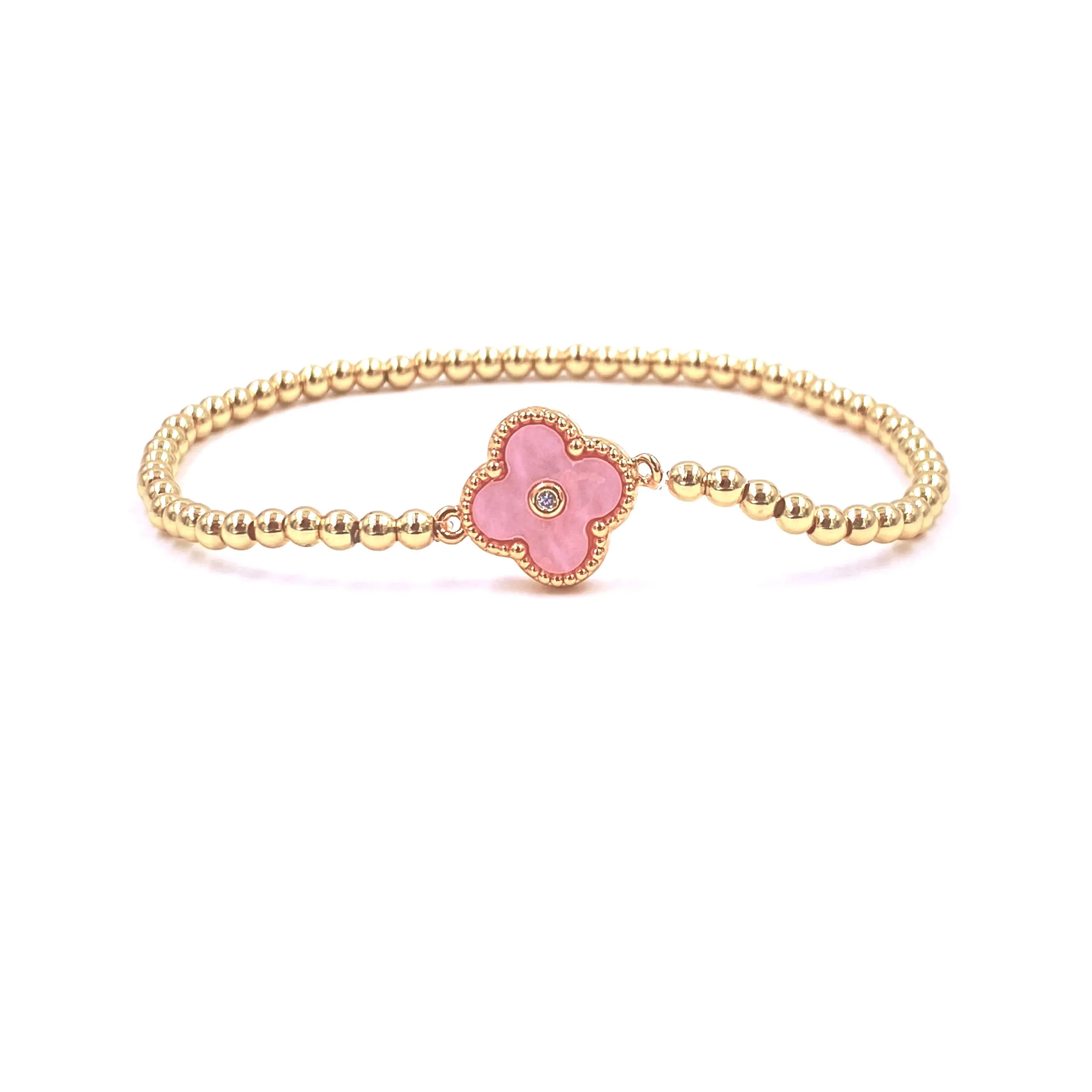 Ashley Gold Stainless Steel Gold Plated CZ Enamel Flower Design Stretch Bracelet