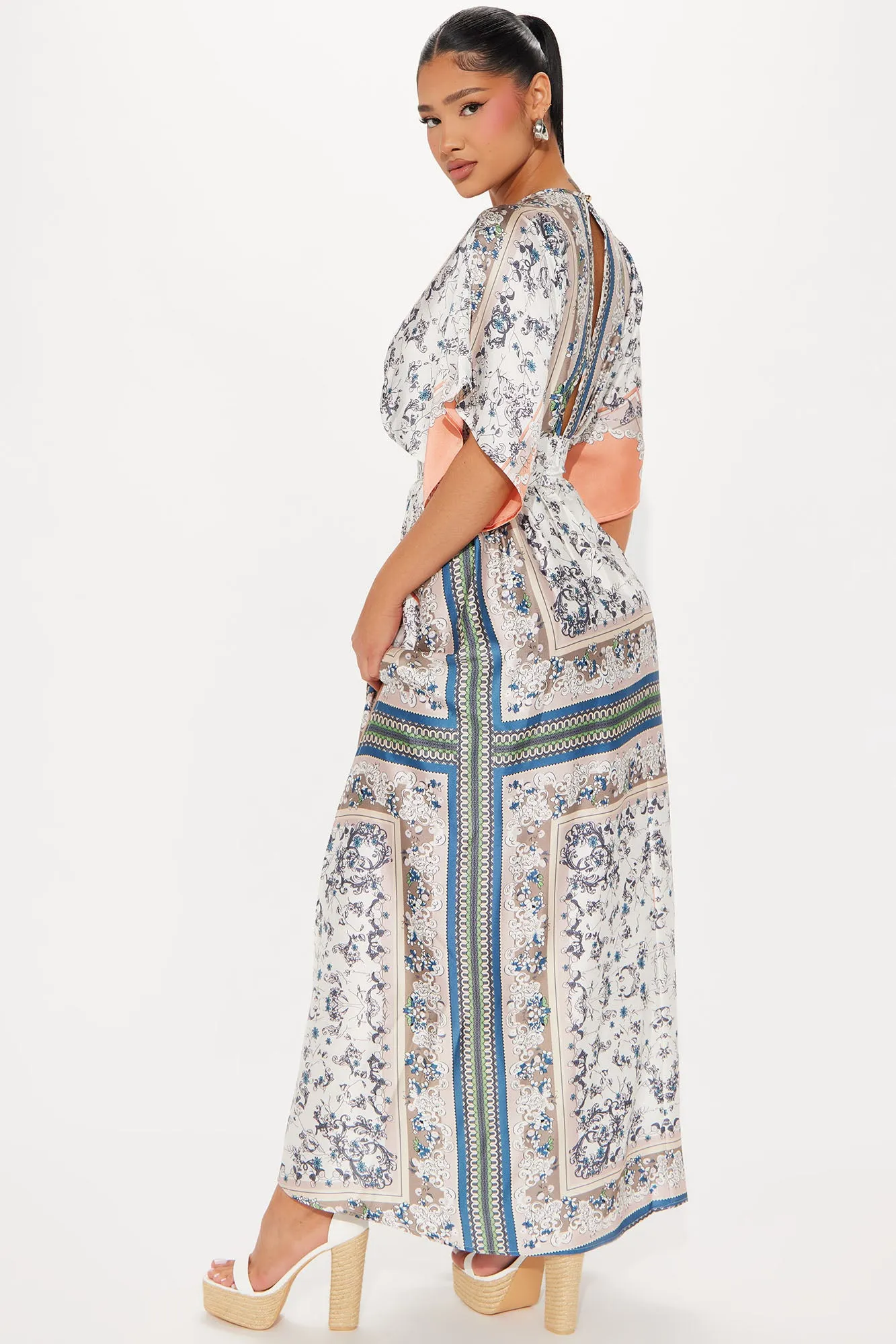 Ashley Satin Kaftan Maxi Dress - Blue/combo