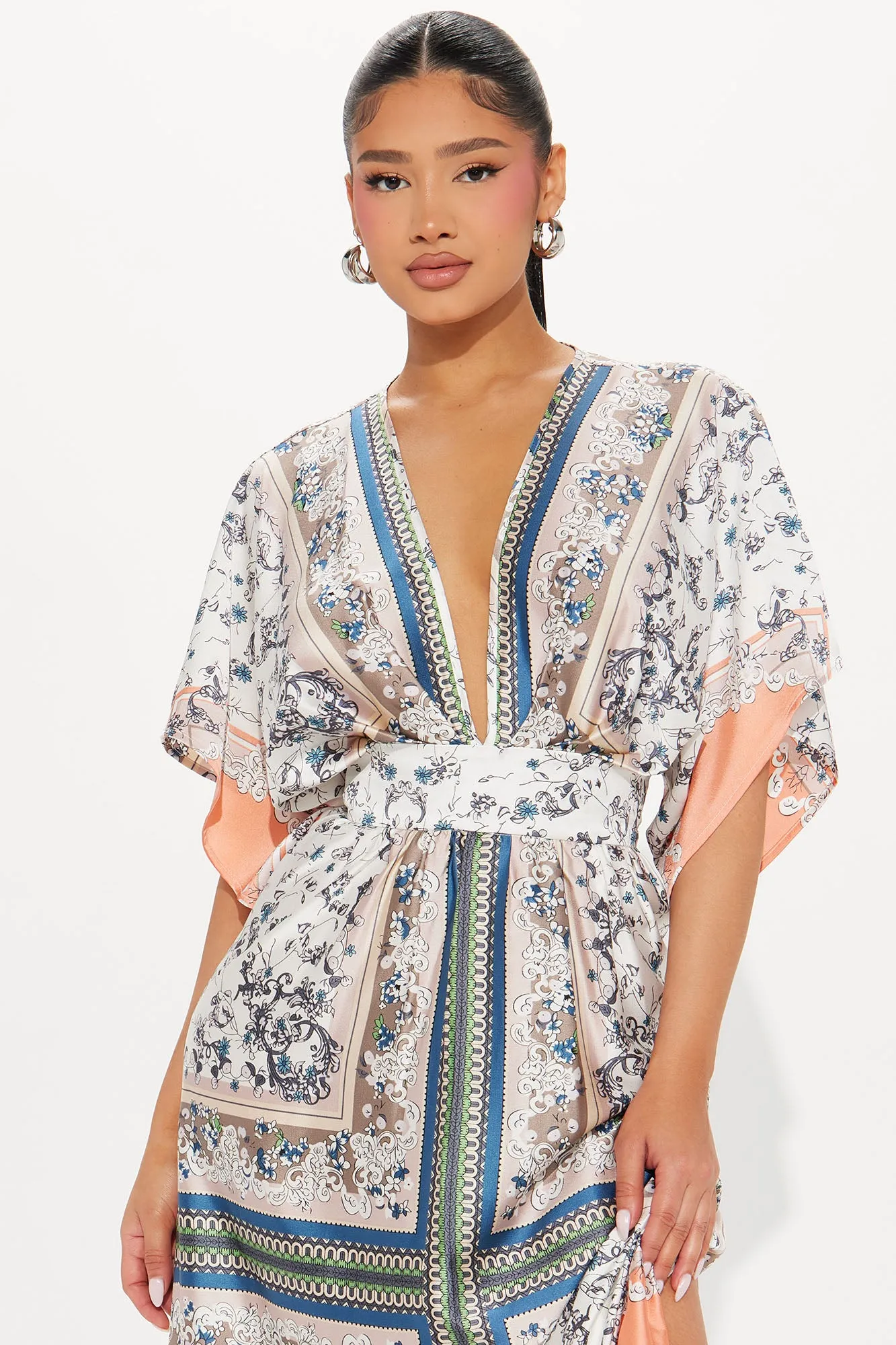 Ashley Satin Kaftan Maxi Dress - Blue/combo