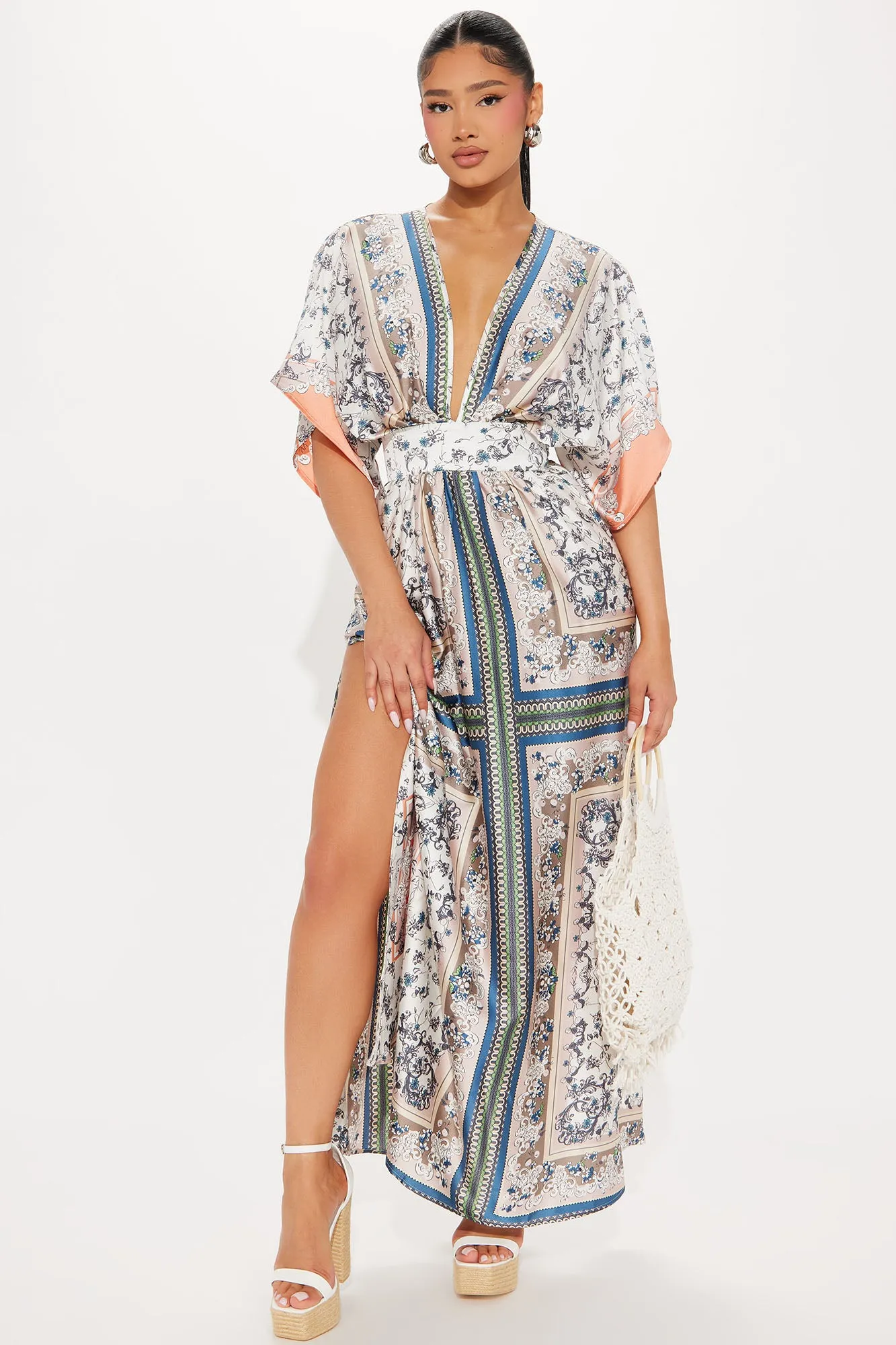 Ashley Satin Kaftan Maxi Dress - Blue/combo