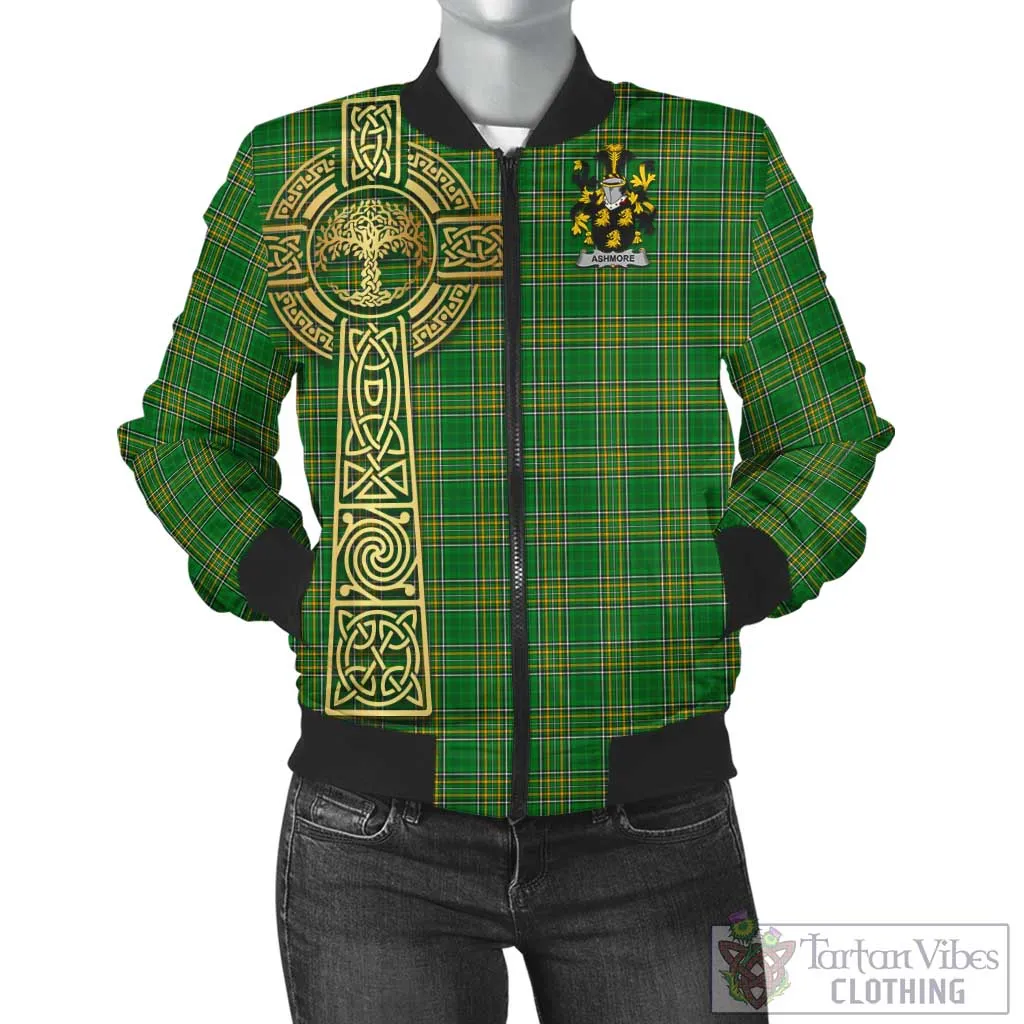 Ashmore Irish Clan Tartan Bomber Jacket with Coat of Arms Celtic Tree of Life Style