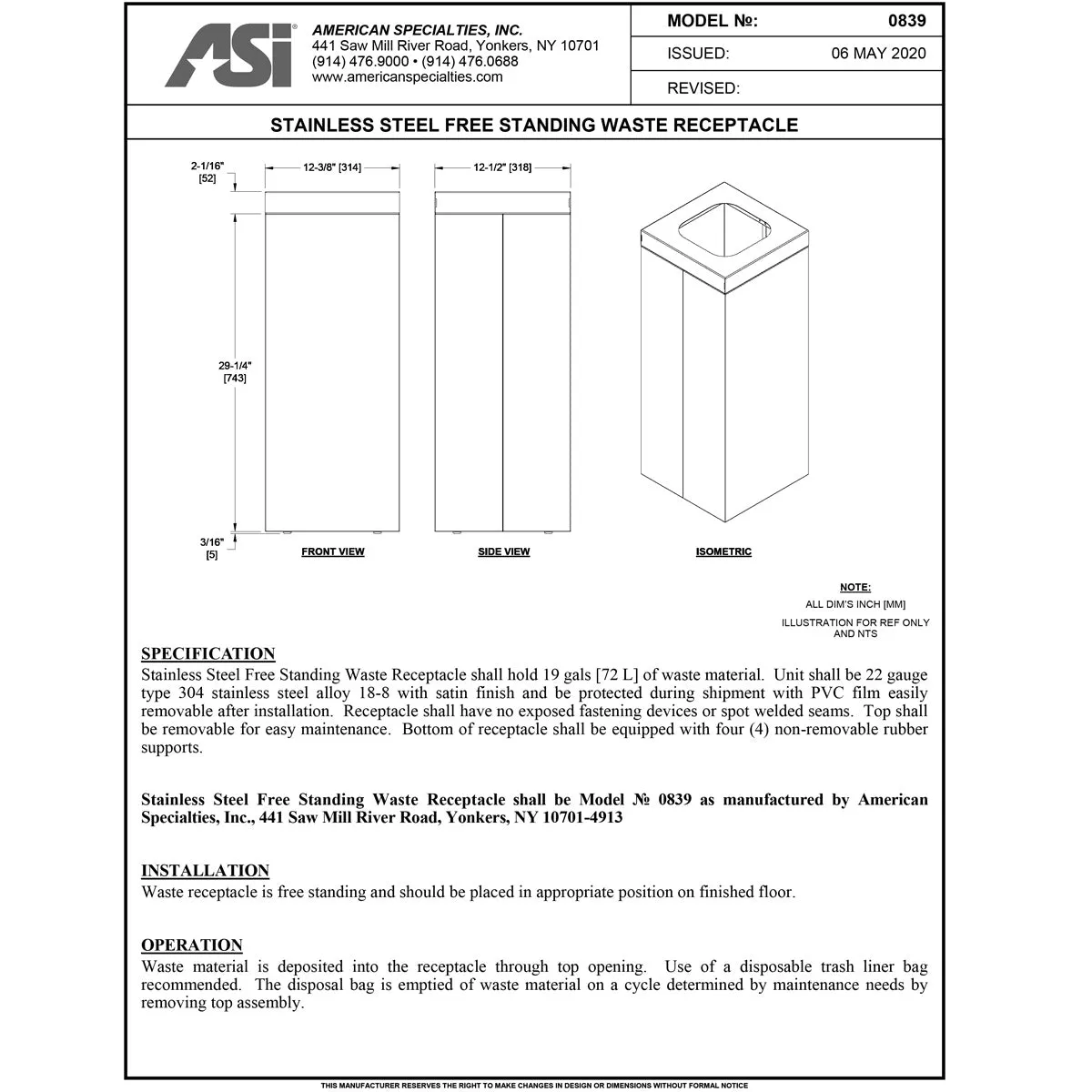 ASI 0813, Waste Receptacle (19 gal.), Free Standing, 30" - Updated w/ New Part Number: 0839 "Waste Receptacle (19 Gallon) - Free Standing"