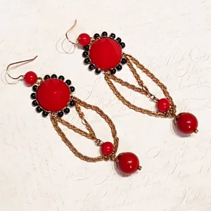 Askew London Earrings Chandelier Black Red Gold Glass unsigned