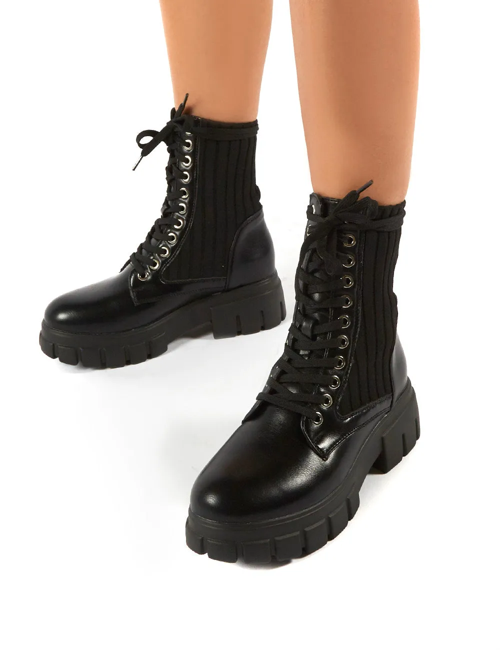 Asta Black Chunky Sole Knitted Detail Lace Up Ankle Boots