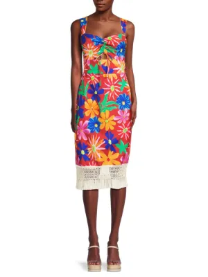 Aster Patbo Floral Fringe Sheath Midi Dress in Red Multi