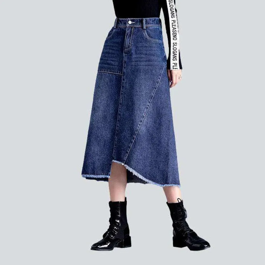 Asymmetric hem whiskered denim skirt