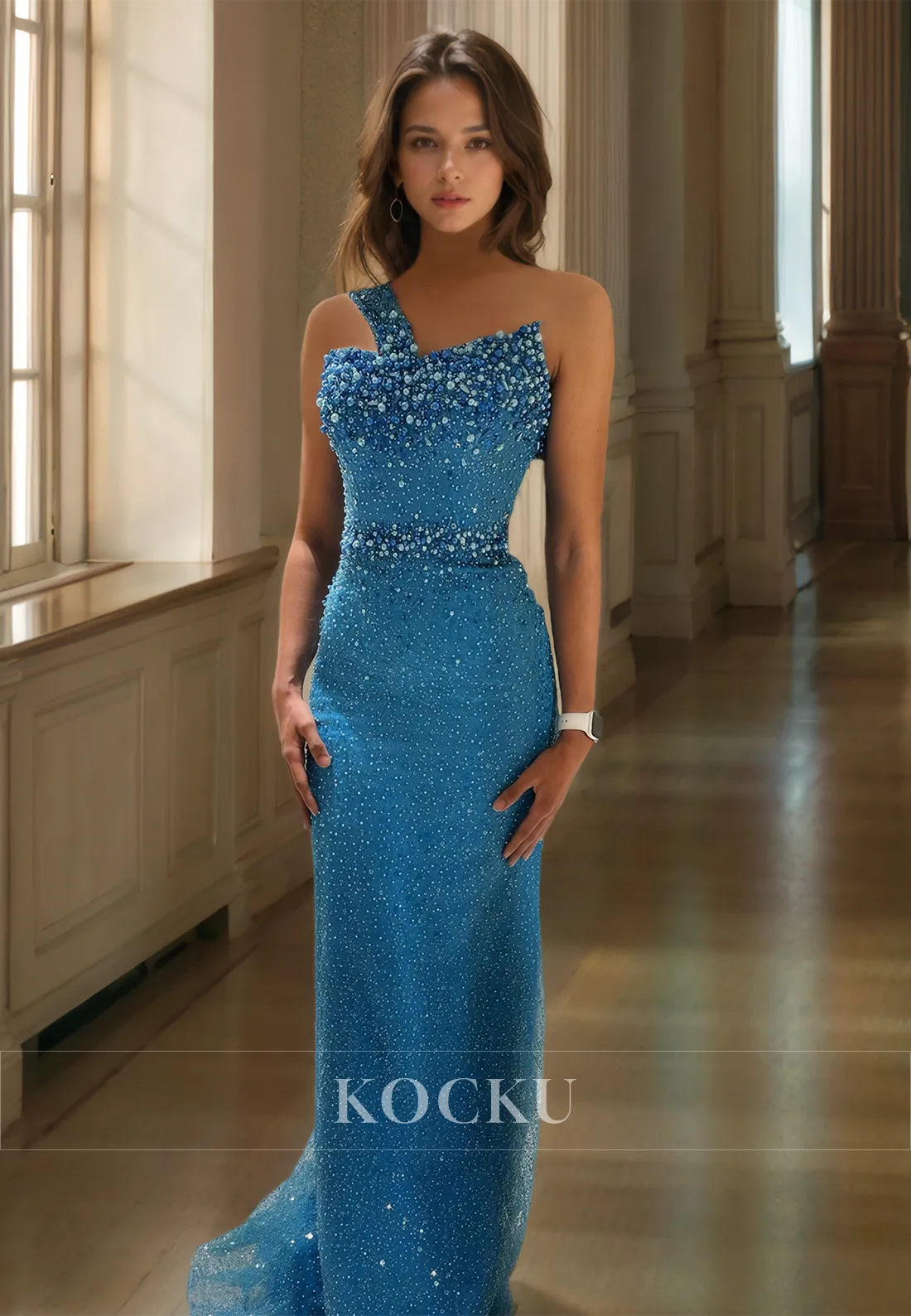 Asymmetrical One Shoulder Sheath Sleeveless Sweep Train Lace Prom Dress with Beads Party Gowns