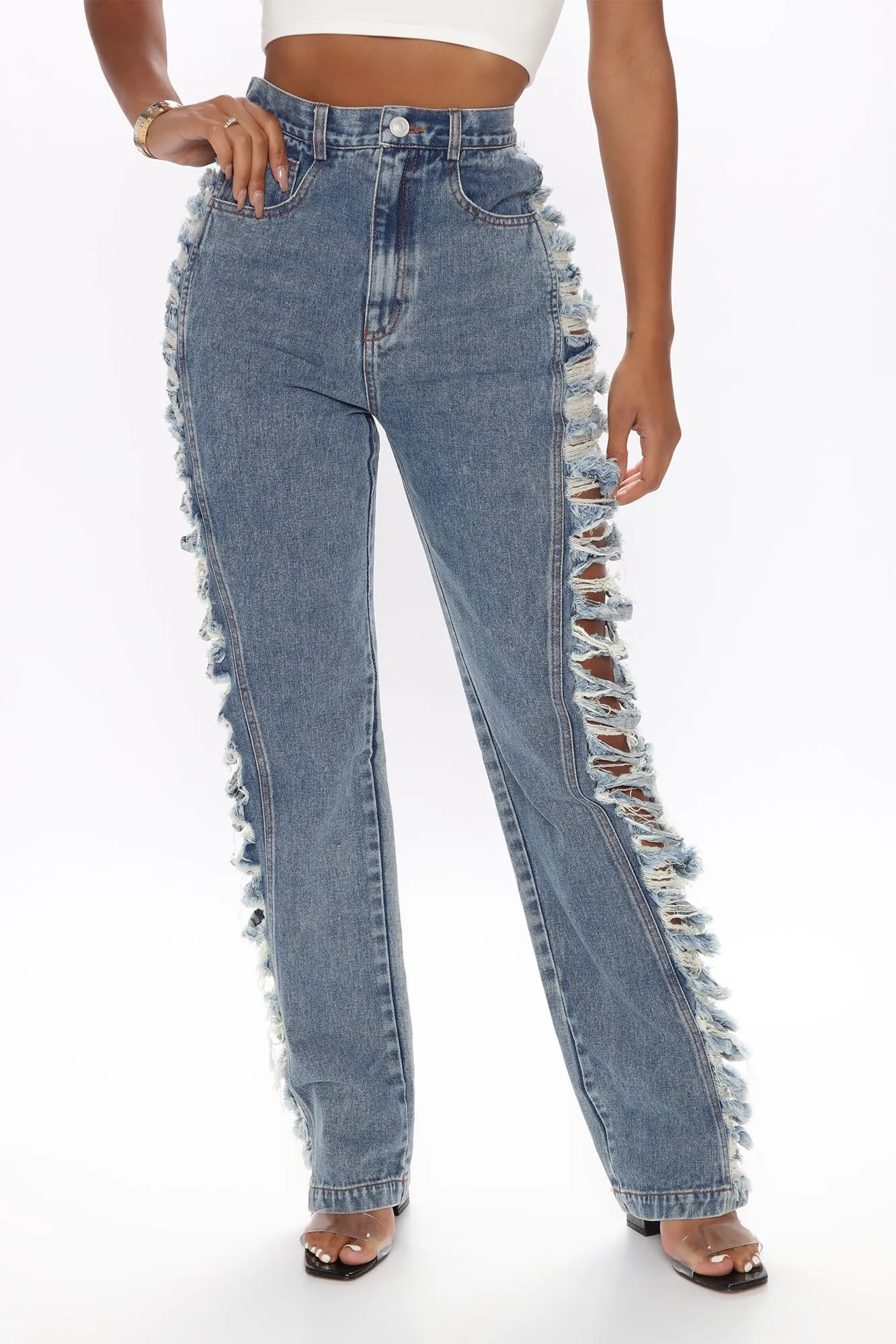 Attract Trouble Cut Out Straight Leg Jeans - Medium Blue Wash