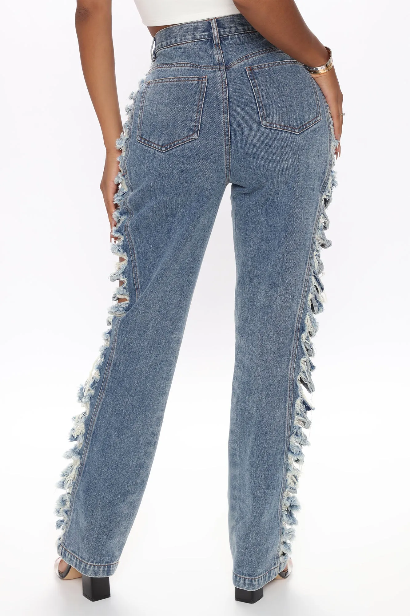 Attract Trouble Cut Out Straight Leg Jeans - Medium Blue Wash