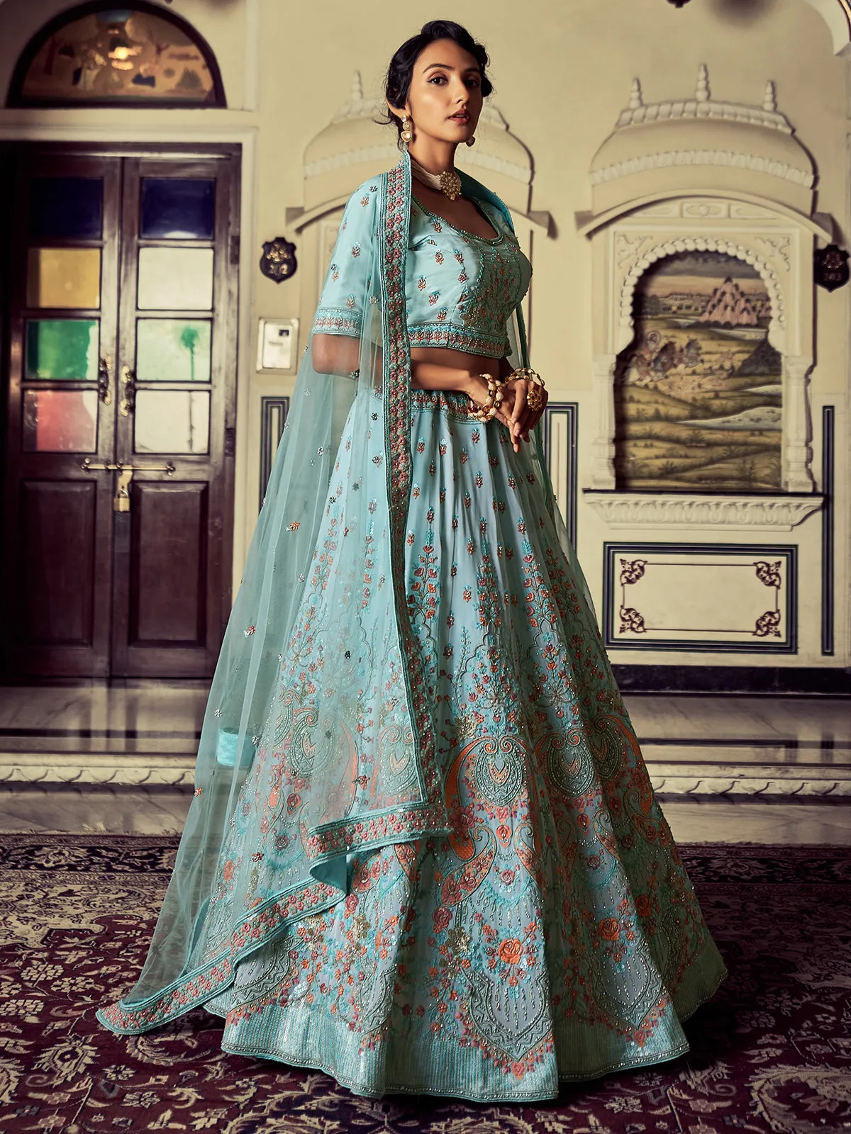 Attractive Blue Georgette Embroidered Semi Stitched Lehenga With Unstitched Blouse