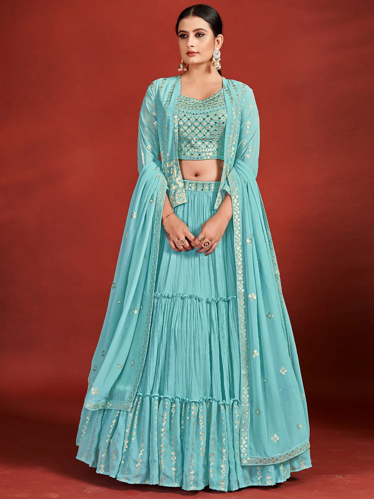 Attractive Blue Georgette Stitched Lehenga Choli Set