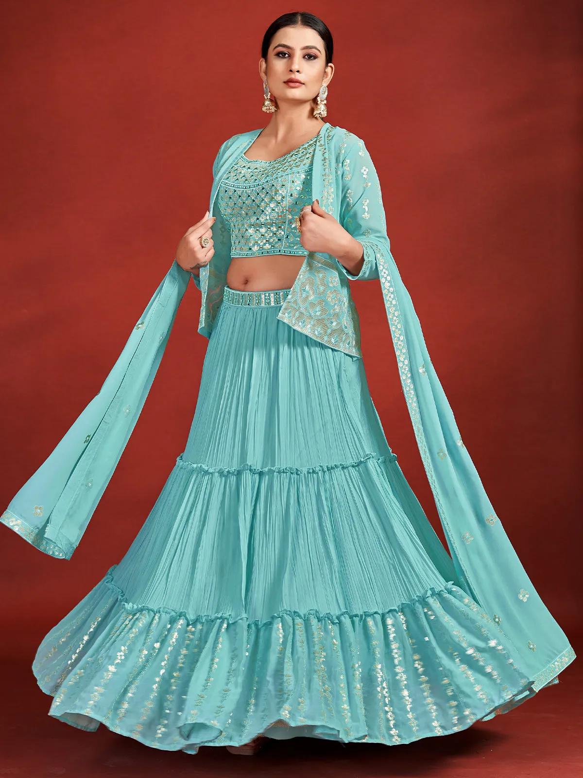 Attractive Blue Georgette Stitched Lehenga Choli Set