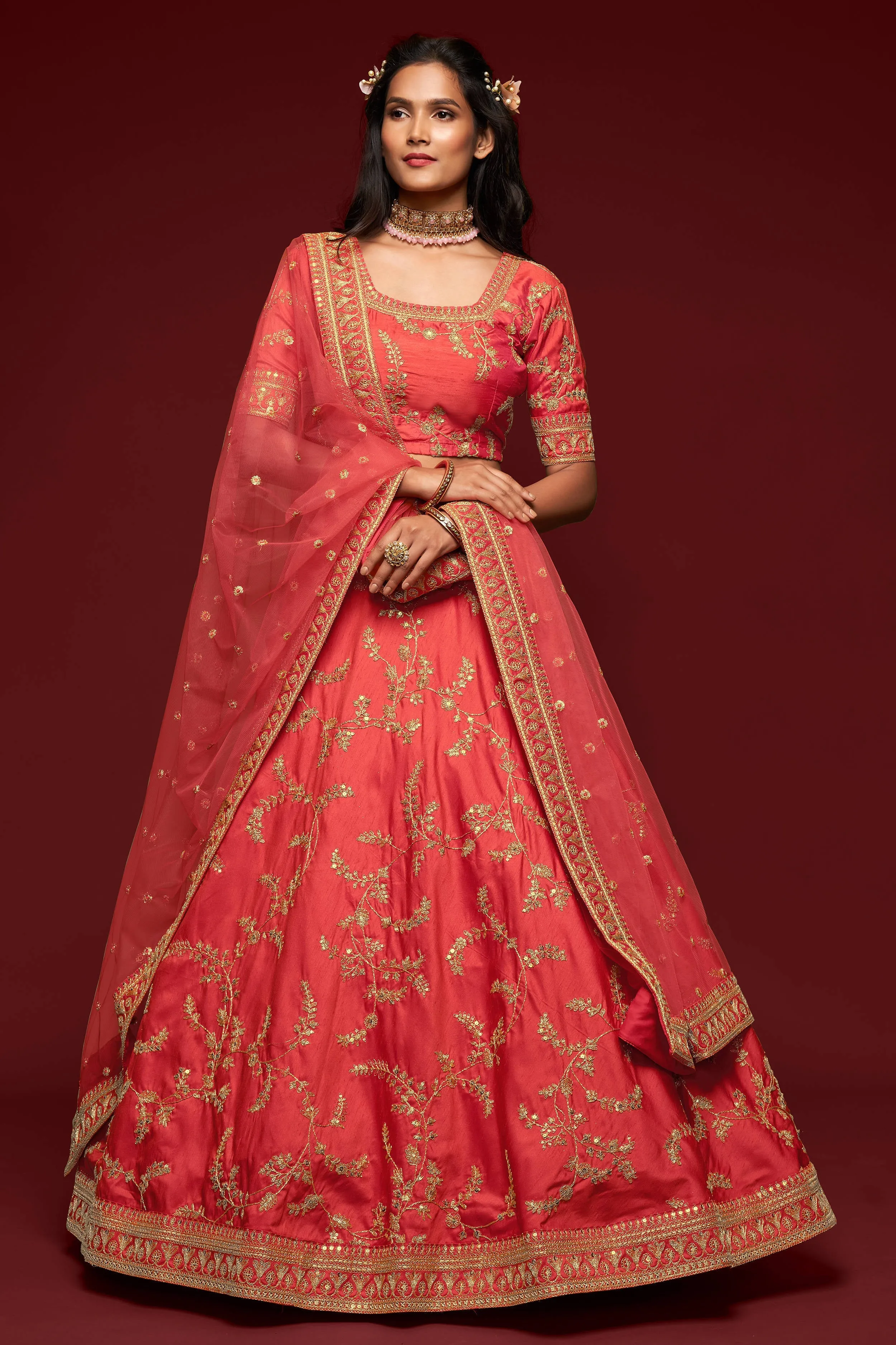 Attractive Coral Red Thread Embroidered Silk Wedding Wear Lehenga Choli