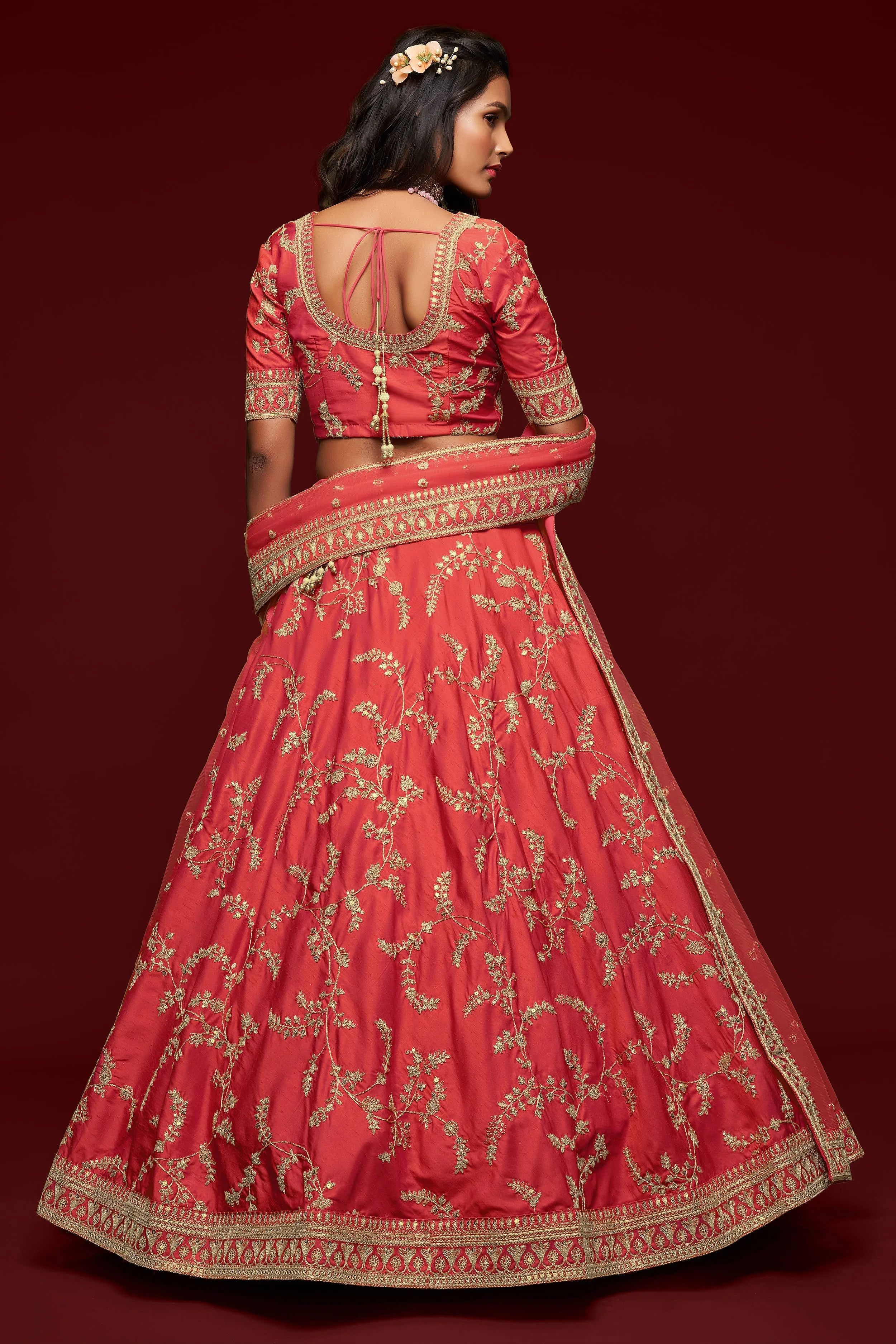 Attractive Coral Red Thread Embroidered Silk Wedding Wear Lehenga Choli